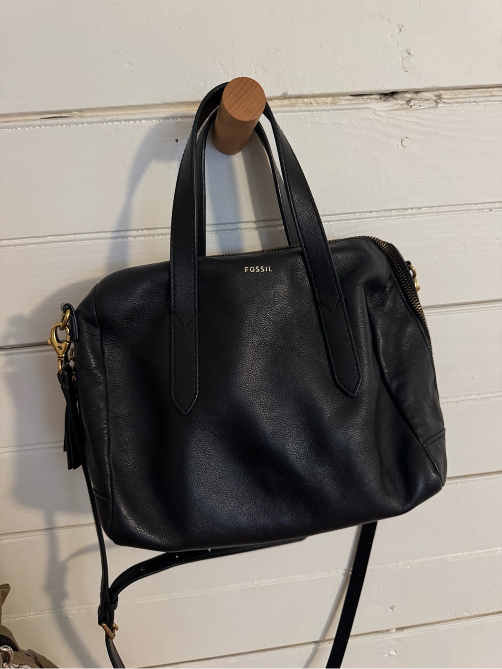 Fossil Black Leather Messenger Bag with Gold Accents
